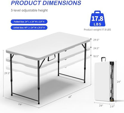 VSOAEIL 4 FT Folding Table 2 Pack Plastic Foldable Table Adjustable Height