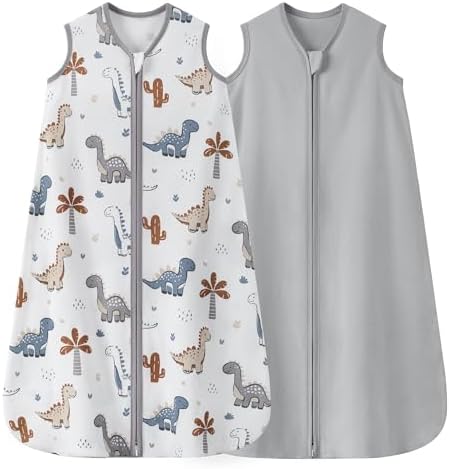 Baby Sleep Sack 6-12 Months 0.5 TOG, 100% Cotton Baby Wearable Blanket 2 Pack with 2-Way Zipper, Lightweight Sleep Bag for Boys ＆ Girls Newborn Infant Breathable Sleeing Sack Grey Dinosaur