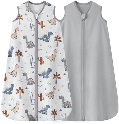 Baby Sleep Sack 6-12 Months 0.5 TOG, 100% Cotton Baby Wearable Blanket 2 Pack with 2-Way Zipper, Lightweight Sleep Bag for Boys ＆ Girls Newborn Infant Breathable Sleeing Sack Grey Dinosaur