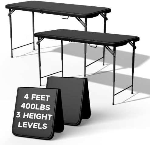 4 FT Folding Table, 3-Position Adjustable Height, Heavy Duty 400 lbs Capacity, Portable Table for Camping, Party, Indoor & Outdoor (Black, 2 Pack)