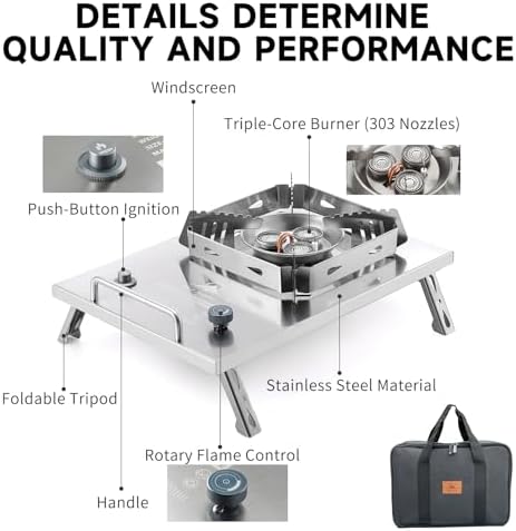 Camping Stove, Portable Foldable Stainless Steel Windproof Gas Stove with Electronic Ignition, Adjustable Flame, 25591 BTU Output, Includes Carry Bag, for IGT Table, Outdoor, Camping & Party Cooking