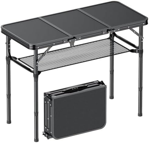 Folding Camping Table, 3 FT Folding Portable Camping Table, Outdoor&Indoor Picnic Table with 3 Adjustable Height Max 27.1",Lightweight Aluminum Camping Tables, Car Camping Essentials-Pure Black