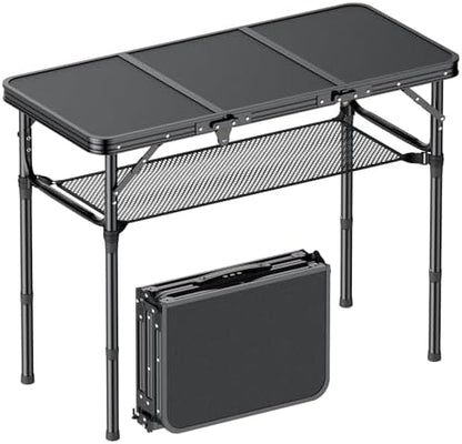 Folding Camping Table, 3 FT Folding Portable Camping Table, Outdoor&Indoor Picnic Table with 3 Adjustable Height Max 27.1",Lightweight Aluminum Camping Tables, Car Camping Essentials-Pure Black