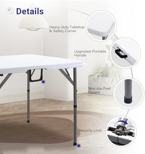 34" Square Folding Card Table,Fold-in-Half Utility Portable Table,White