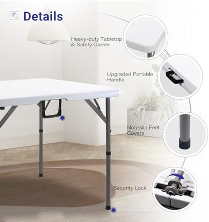 34" Square Folding Card Table,Fold-in-Half Utility Portable Table,White