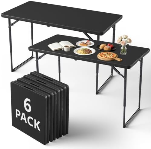 Folding Table 6 Pack, 4FT Folding Table with Adjustable Height, Black