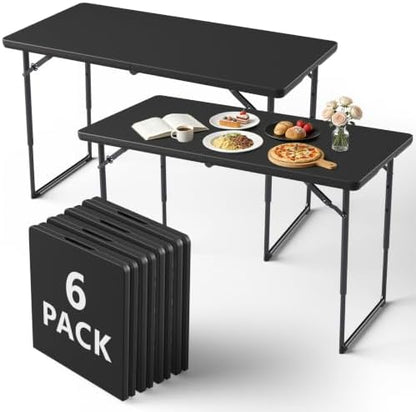 Folding Table 6 Pack, 4FT Folding Table with Adjustable Height, Black
