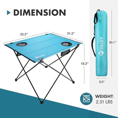 VILLEY Folding Camping Table, Portable Table with 2 Cup Holders, Large