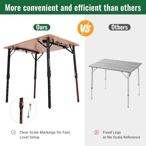 KingCamp Bamboo Camping Table with Adjustable Height (265LBS)
