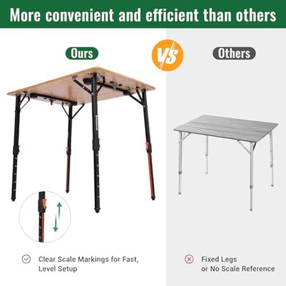 KingCamp Bamboo Camping Table with Adjustable Height (265LBS)