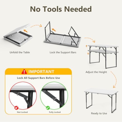 2 Pack 4 FT Folding Table with Adjustable Height, Heavy Duty Fold in Half Utility Table, Portable Plastic Picnic Table, No Assembly Card Table for Camping, BBQ, Party, RV Travel