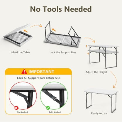 2 Pack 4 FT Folding Table with Adjustable Height, Heavy Duty Fold in Half Utility Table, Portable Plastic Picnic Table, No Assembly Card Table for Camping, BBQ, Party, RV Travel