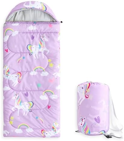 Wake In Cloud - Kids Sleeping Bag for Girls Toddlers, Camping in Warm Cold Weather, Backpacking Lightweight Compact Outdoor Liner for 3 Seasons, Unicorns Rainbow Clouds