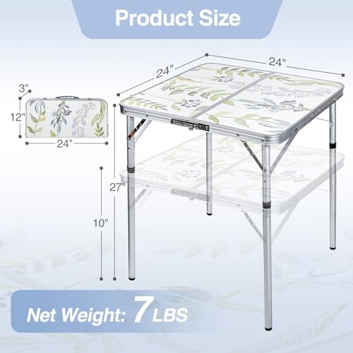 RedSwing 2ft Square Portable Camping Table, Adjustable Height Aluminum Foldable Table with Carry Handle, Lightweight Outdoor Indoor Picnic Samll Card Table for Camping, BBQ, Beach, Hiking