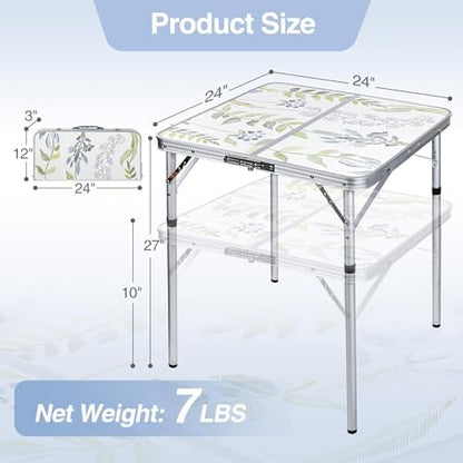 RedSwing 2ft Square Portable Camping Table, Adjustable Height Aluminum Foldable Table with Carry Handle, Lightweight Outdoor Indoor Picnic Samll Card Table for Camping, BBQ, Beach, Hiking