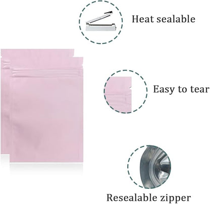 FERENLI 100Pcs Zipper Lock Self Seal Flat Pouch for Zip Aluminum Foil Lock Package Bag Coffee Food Storage Resealable Mylar Bags Heat Sealable Candy Reclosable Bags (8x12cm (3.1x4.7 inch), Pink)