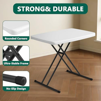 Folding Table 30 Inch - Small Desk Adjustable Height TV Tray for Laptop, Couch, Camping - Heavy Duty Utility Foldable Table for Small Spaces, No Assembly Required, White Granite