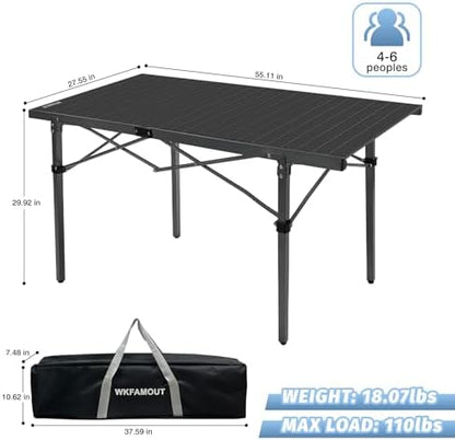 29.9" Tall Folding Camping Table for 2-6 Person, 54.7" Large Aluminum Foldable Roll-up Table Outdoor with Carry Bag for Picnic, Camp, Sturdy, Backyard, Patio