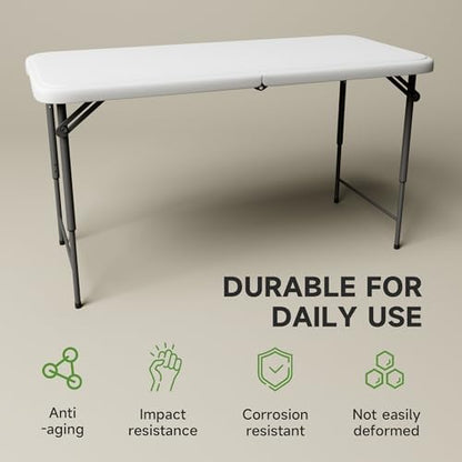 4FT Folding Table, 3 Adjustable Height & Heavy Duty, Double-Layer HDPE with Steel Legs, Foldable Table for Camping, Parties, Picnics, White, 10 Pack