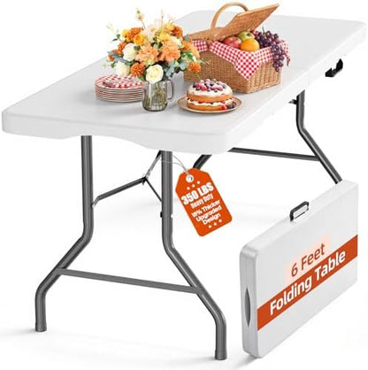 SKONYON 6ft Folding Table Heavy Duty 350 LBS Foldable Table with 18% Thicker HDPE Top Reinforced Steel Frame Portable Fold-in-Half Table Under 22 lbs for Outdoor Indoor Party Wedding Camping White