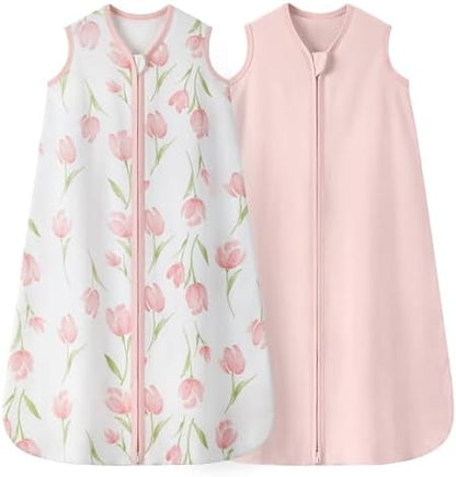 Baby Sleep Sack 6-12 Months 0.5 TOG, 100% Cotton Baby Wearable Blanket 2 Pack with 2-Way Zipper, Lightweight Sleep Bag for Boys ＆ Girls Newborn Infant Breathable Sleeing Sack Pink Tulip