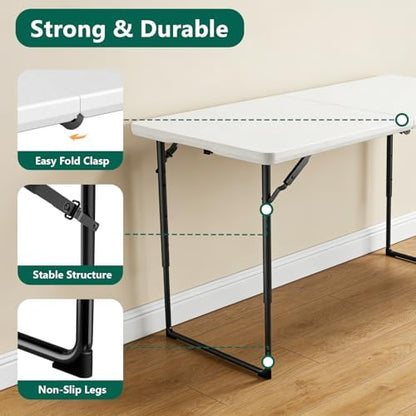 4FT Folding Table with 4 Pack Folding Chair, Foldable Picnic Table with Adjustable Height and Plastic Foldable Chairs for Weddings, Camping, RV Travel, Parties, BBQs, and Indoor Use, White