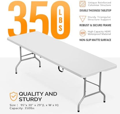 Bonnlo Folding Table 8ft, Portable Collapsible Plastic White Long Tables for Party, Camping, Banquet, Craft, Dining, Wedding, Outdoor and Indoor Use
