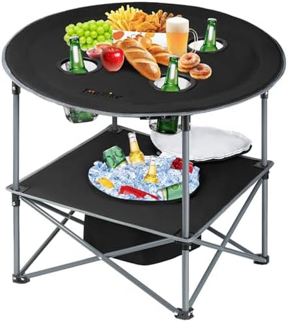 Portable Lightweight Folding Camping Table with Cooler and 4 Large Cup Holders Collapsible Picnic Camp Table Foldable Outdoor Table with Carry Bag for BBQ Tailgating Beach RV Travel Hiking