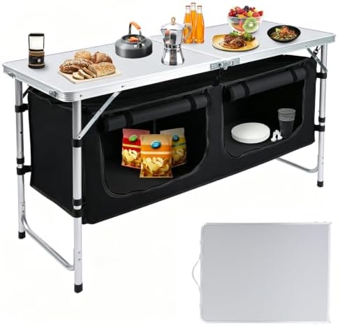 Camping Table with Storage, Portable Lightweight 3 Height Adjustable for Outdoor,Black