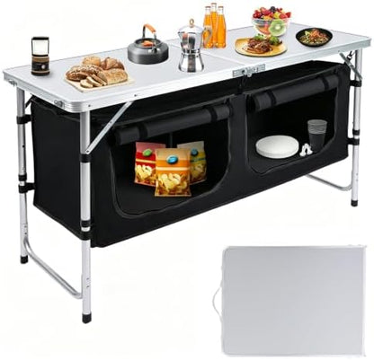 Camping Table with Storage, Portable Lightweight 3 Height Adjustable for Outdoor,Black