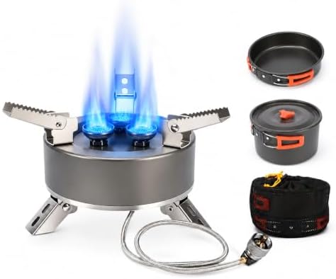 Portable Camping Stove, 5800W Foldable Outdoor Gas Stove with Nonstick Pot, Frying Pan, Mesh Carry Bag, 1 lb Propane Tank Adapter and Hose for Camping, Hiking, Picnic