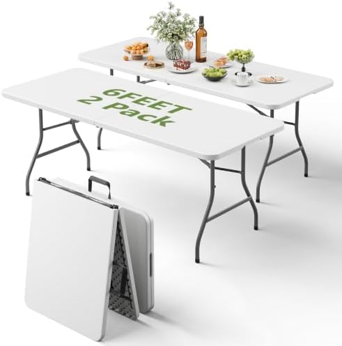 Folding Table 2 Pack, 6FT Folding Table Portable with Built-in Handle, Heavy Duty Plastic Table with Steel Legs Supports to 300lbs, Suitable for Party, Camping, Events Indoor&Outdoor Use, White