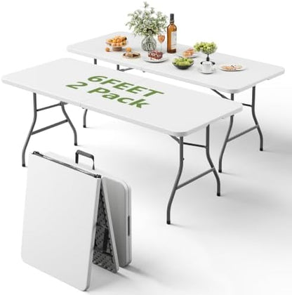 Folding Table 2 Pack, 6FT Folding Table Portable with Built-in Handle, Heavy Duty Plastic Table with Steel Legs Supports to 300lbs, Suitable for Party, Camping, Events Indoor&Outdoor Use, White