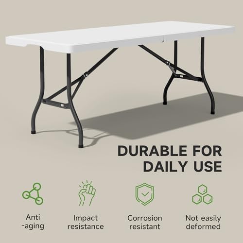 6 Foot Folding Table with Black Table Cloth - Heavy Duty 600LBS Capacity, Foldable Design with Safety Lock - Portable Folding Tables for Camping, Party, Indoor & Outdoor Use, 1 Pack