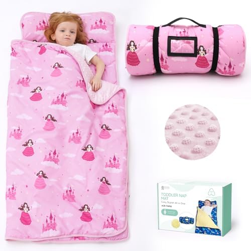 ACRABROS Toddler Nap Mat with Pillow and Blanket, Large Rolled Napping Mats,Slumber Bags for Boys Girls,Kids Sleeping Bag for Daycare, Preschool Travel