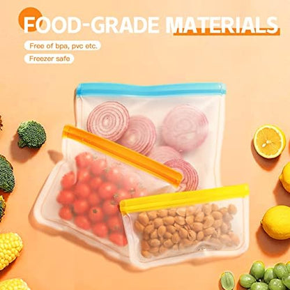 24 Pack Dishwasher Safe Reusable Silicone Bags - Leakproof Freezer Bags, BPA Free Food Storage for Lunch, Marinate, Travel - 8 Gallon, 8 Snack, 8 Sandwich Bags