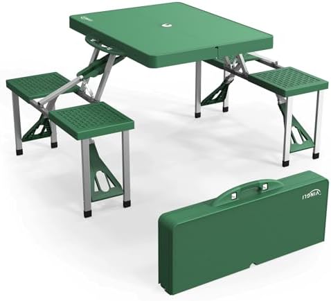 VINGLI 4 Ft Portable Folding Picnic Table Camping Table Foldable Set with 4 Seats with Umbrella Hole Suitcase Card Table-220 Lbs Support Aluminum Frame, Plastic RV Tabletop for Yard, Travel