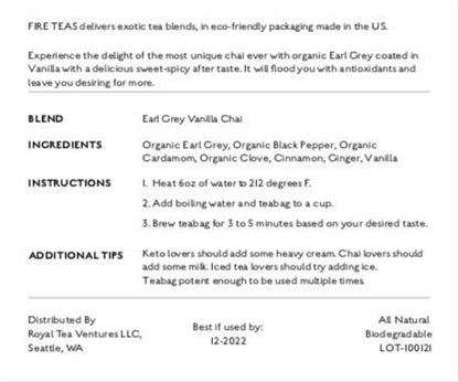 FIRE TEAS Earl Grey Spice Tea - Organic Earl Grey, Clove, Vanilla, Black Pepper, Cardamom, Cinnamon, Ginger - Anti Oxidant Rich, Naturally Sweet & Spicy, Bergamot Oil Coated, Keto Friendly-