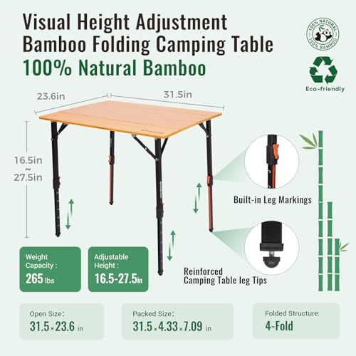 KingCamp Bamboo Camping Table with Adjustable Height (265LBS)