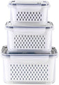 3Pack Fridge Food Storage Container Set with Lids with Strainer,Plastic Fresh Produce Saver Vegetable Fruit Meat Storage Organization, BPA-Free Plastic Produce Keepers(3.15L+1.7L+0.8L)