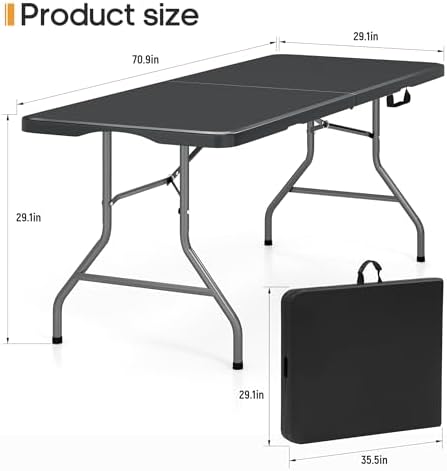 SKONYON 6ft Folding Table Heavy Duty 350 LBS Foldable Table with 18% Thicker HDPE Top Reinforced Steel Frame Portable Fold-in-Half Table Under 22 lbs for Outdoor Indoor Party Wedding Camping Black