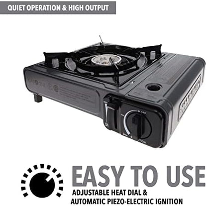 GasOne Portable Butane Camping Stove with Case + 4 Fuel Canister Catridge: Automatic Ignition, Precise Heat Control - Camping & Tailgating and Outdoor Cooking