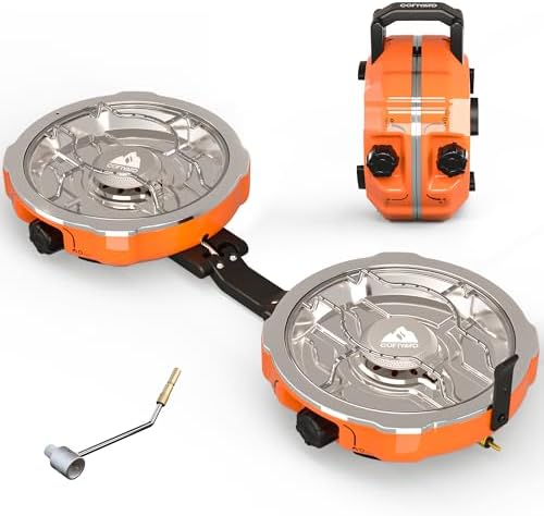 Cofiyard 20,000 BTUs 2 Burner Propane Camping Stove, Portable Folding Camp Stove with Adjustable Burners, Regulator and Carrying Bag, Dual Gas Stoves Easy Carrying Handle for Tailgating, Camping, BBQ