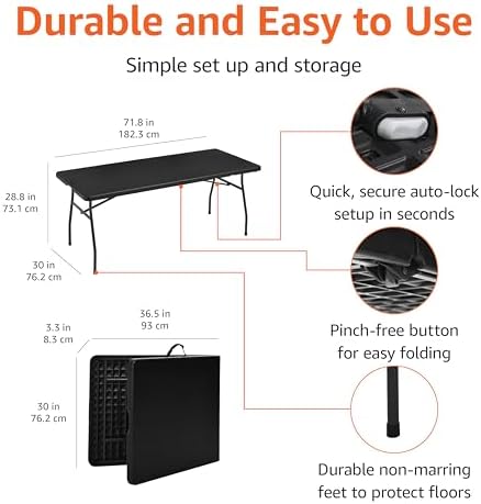 Amazon Basics Heavy Duty Portable Folding Table, 6 ft, Indoor & Outdoor, Fold-in-Half Design with Carrying Handle, for Events, Easy Folding and Storage, Black