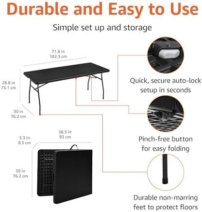 Amazon Basics Heavy Duty Portable Folding Table, 6 ft, Indoor & Outdoor, Fold-in-Half Design with Carrying Handle, for Events, Easy Folding and Storage, Black