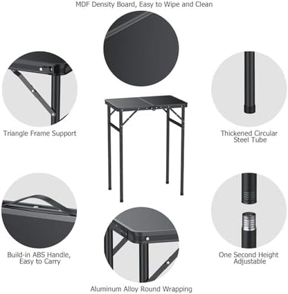 JiGiU Folding Camping Table MDF Desktop, 3 Adjustable Height-Max 29"