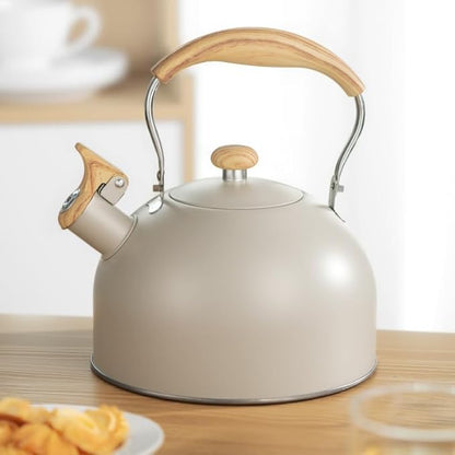 Stove Top Kettle, 2.5 Quart Whistling Kettle for Gas Hob with Wood Pattern Handle Loud Whistle Food Grade Stainless Steel, Anti-Hot Handle and Anti-Rust, Suitable for All Heat Sources