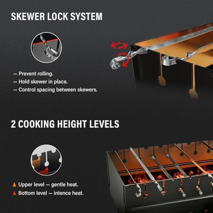 Charcoal Grill for 12 Skewers - Portable BBQ Mangal - Foldable Metal Grill for Shashlik, Kebab, Picnic, Outdoor Cooking (Skewers Not Included)
