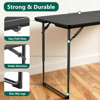 Folding Table 2 Pack, 4FT Folding Table with Adjustable Height, Black