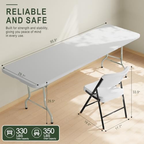 HULKFIT Portable 8-Piece Folding Table and Chairs Set, Heavy Duty 8ft Camping & Party Furniture for Indoor Outdoor Events, White